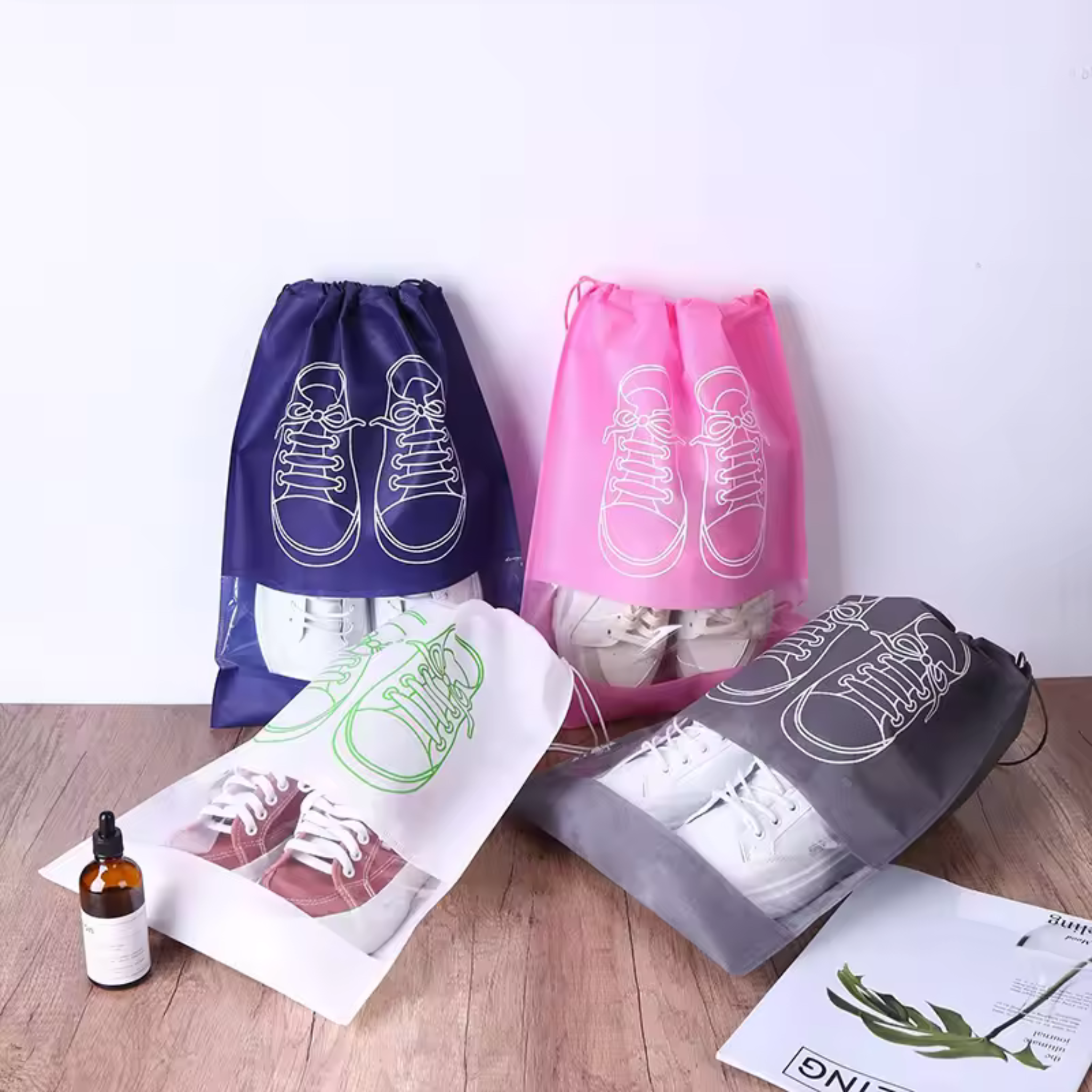 Travel Shoe Bags, Large Shoes Pouch Packing Organizers with Rope for Men and Women Pack of 5 - (Grey Color)